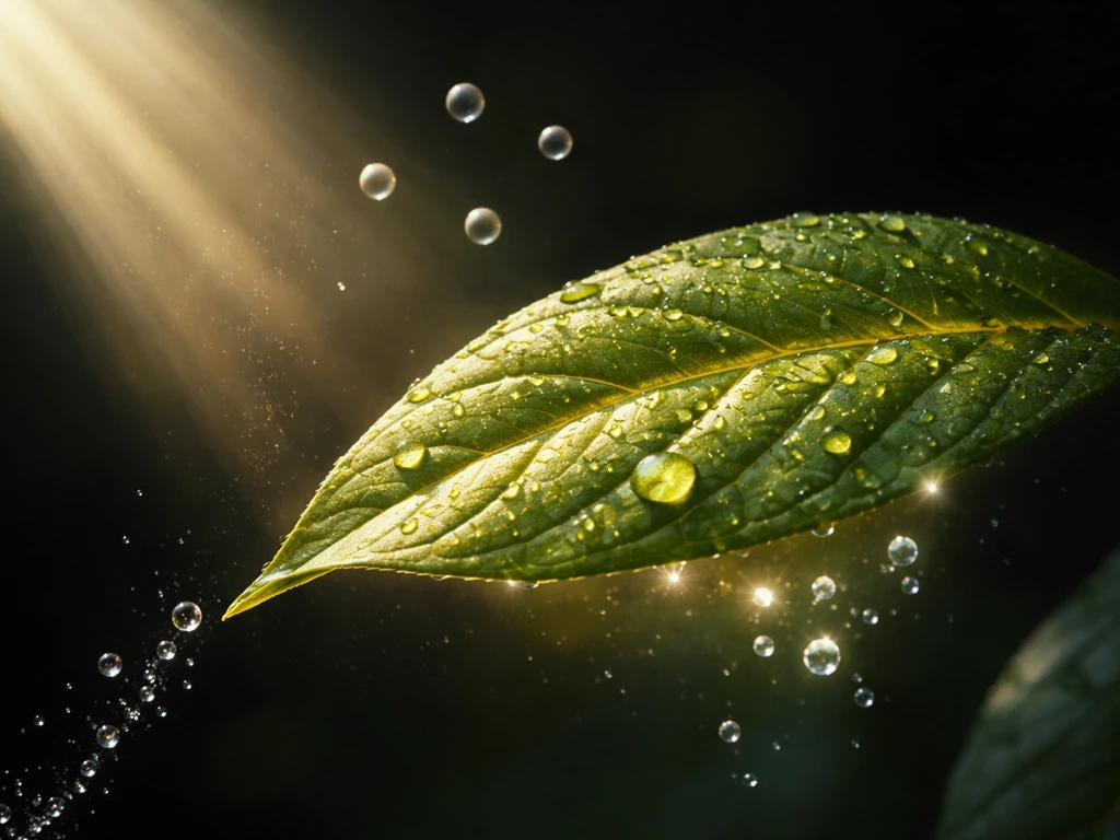 Sunlight shining on a green leaf as air and water droplets feed it, with a soft oxygen-like glow