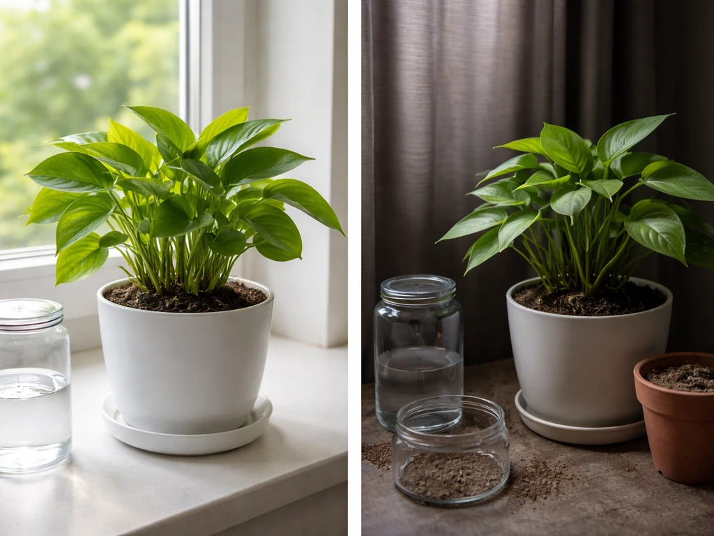 Split-screen of a healthy houseplant and a bottlenecked side with dim light, blocked airflow, and dry soil