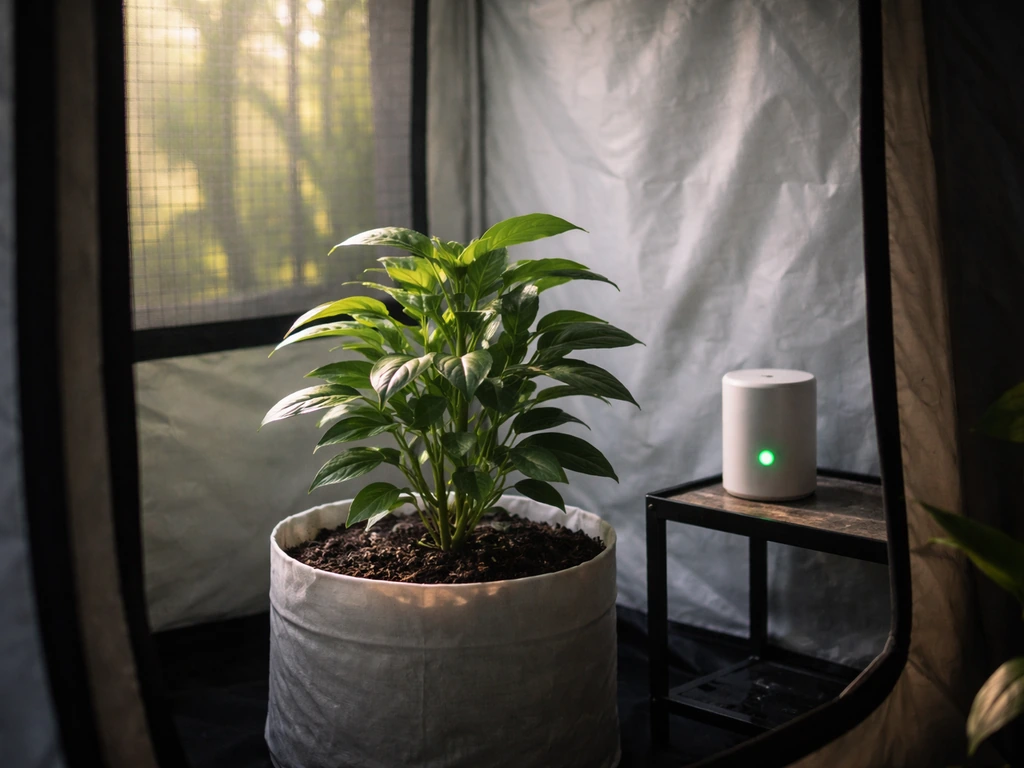 Indoor grow tent with a healthy plant and a nearby CO₂ monitor indicator light.