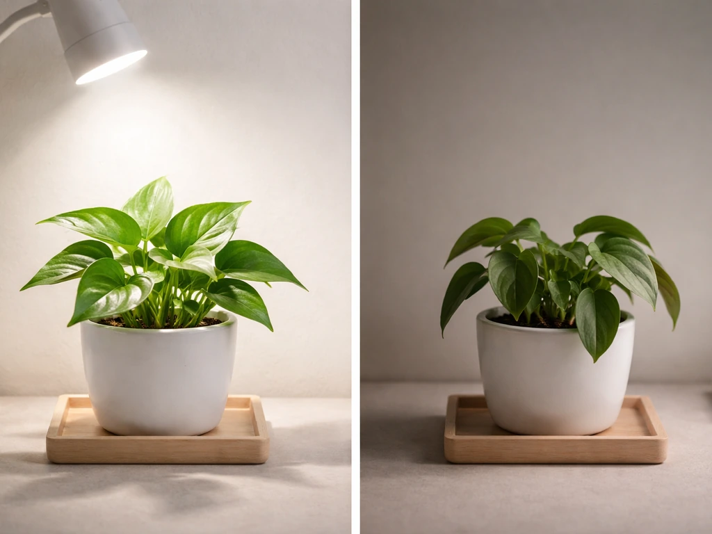 Minimal table-style scene showing a plant near light and a wilted plant with no growth change