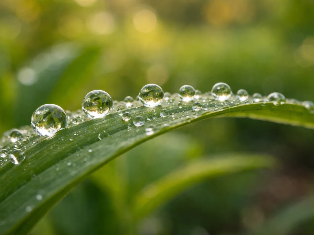 Macro close-up of morning dew droplets beading on a fresh green plant leaf