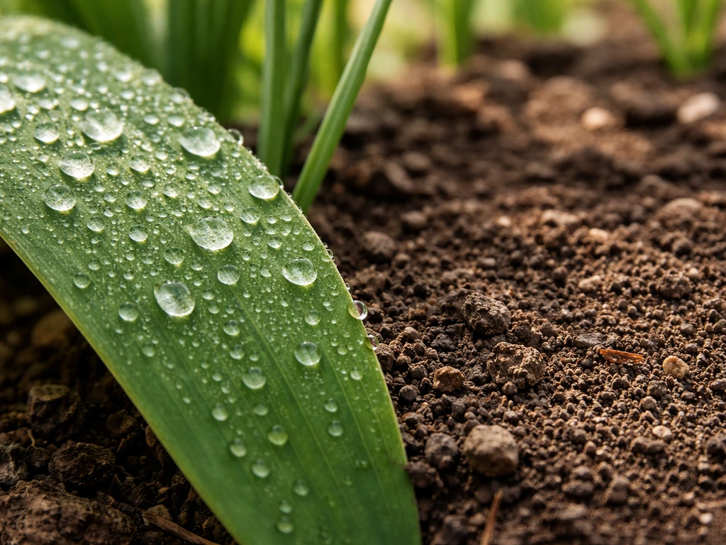 Close-up of dew beading on a leaf while nearby soil looks dry.