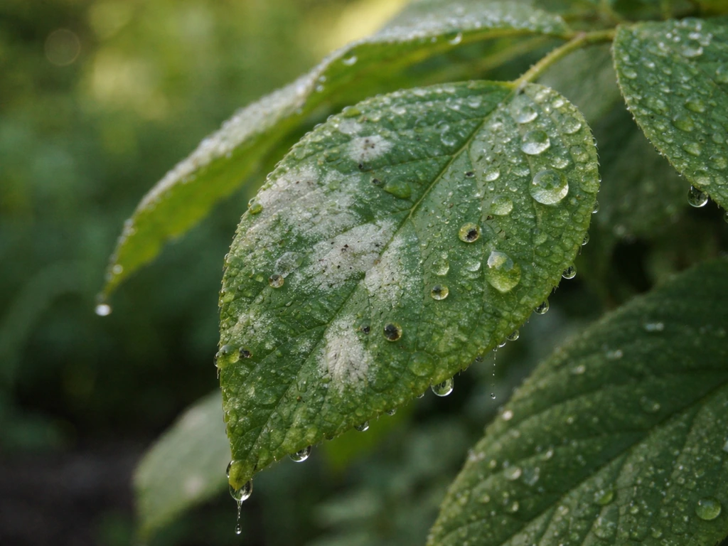 Dew-covered plant leaf with subtle powdery mildew patches and early fungal spotting in a simple garden.