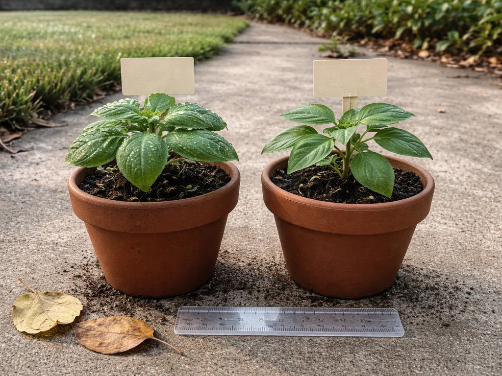 Two matched potted plants after sunrise, dew beads on one set, ruler nearby, minimalist garden setup.