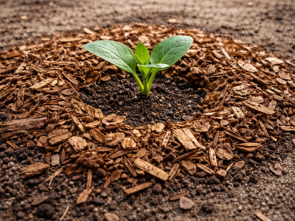 Close-up of a plant base with a 5–8 cm mulch layer keeping dark, moist soil beneath.