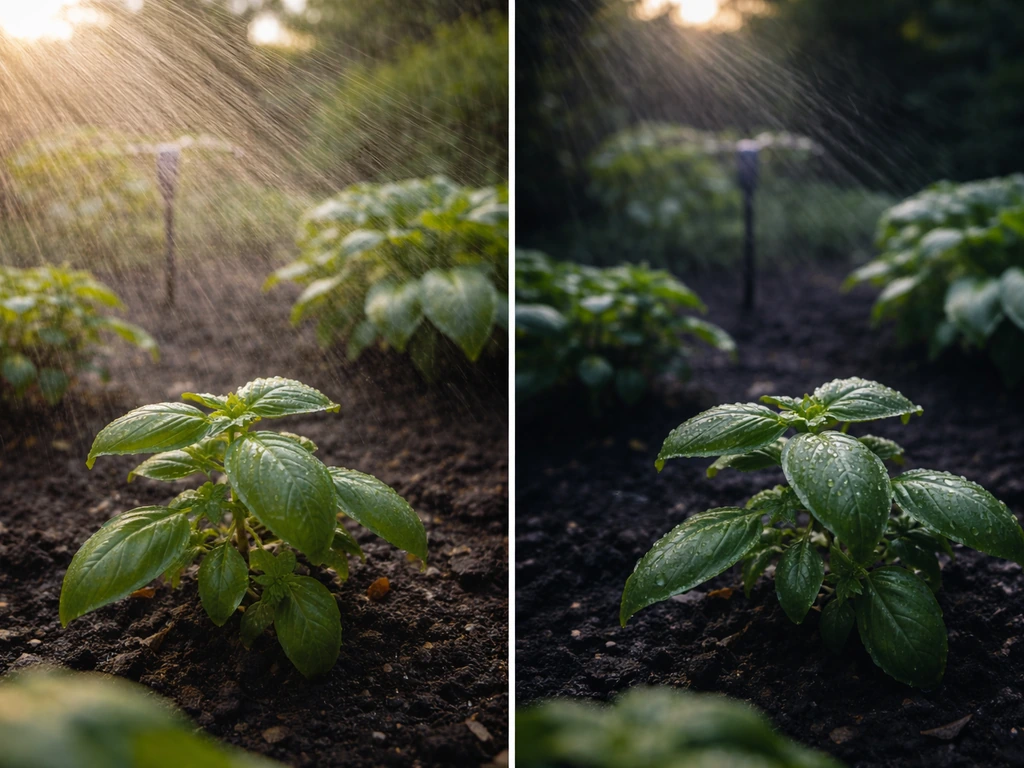 Morning sprinkler watering a small plant with dry leaves and no evening lingering droplets