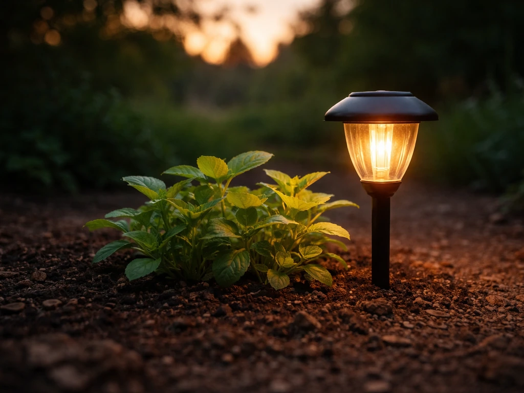A glowing solar garden light beside healthy plants in a dusk garden