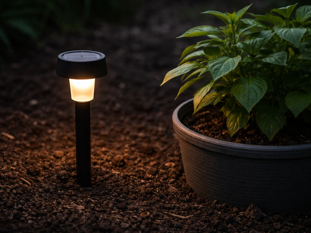 A solar LED stake light sits in soil near a potted plant, showing the short distance in dim dusk light.