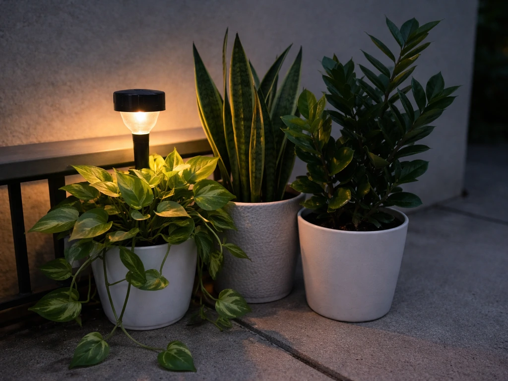 Low-light tolerant houseplants near a small solar garden light on a patio railing at dusk