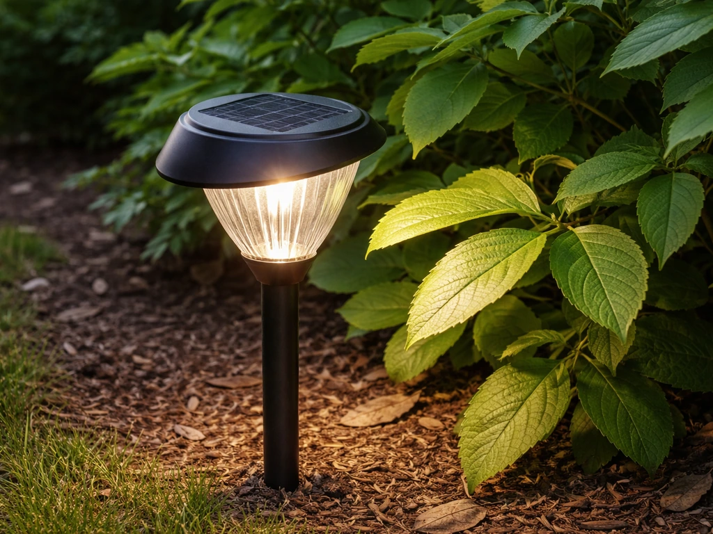 Solar garden light placed 6–12 inches from leafy plants, angled toward the foliage in soft daylight.