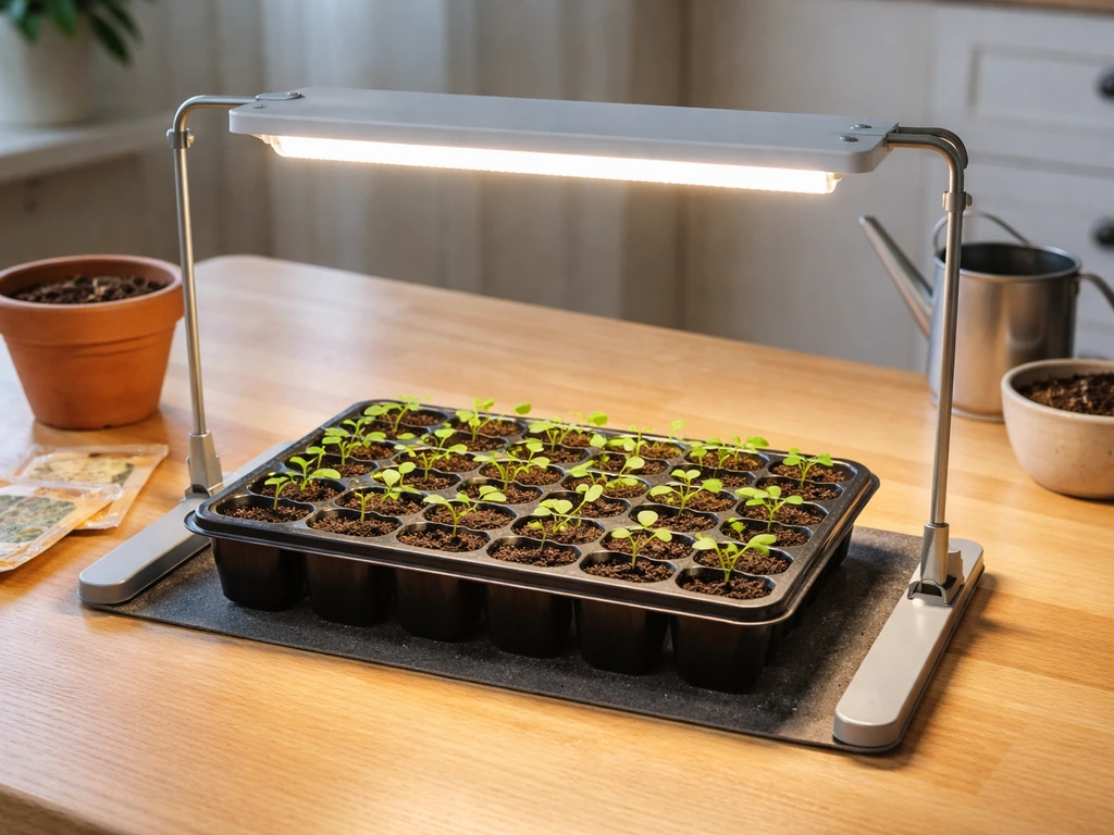 Compact seed-starting setup with LED grow light over trays and small seedlings on a kitchen table