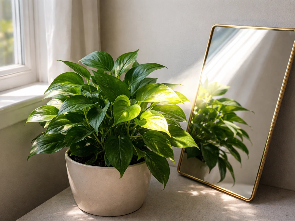 Houseplant by a bright window with an angled mirror reflecting extra sunlight onto its leaves