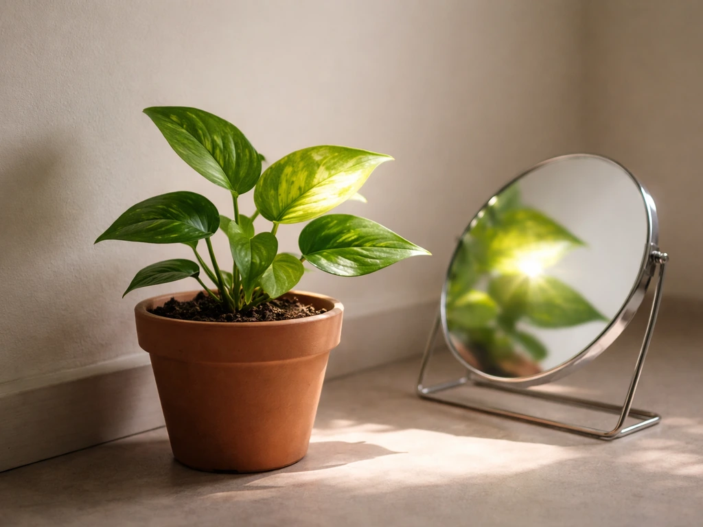A small houseplant by a wall with a mirror reflecting sunlight onto its leaves.