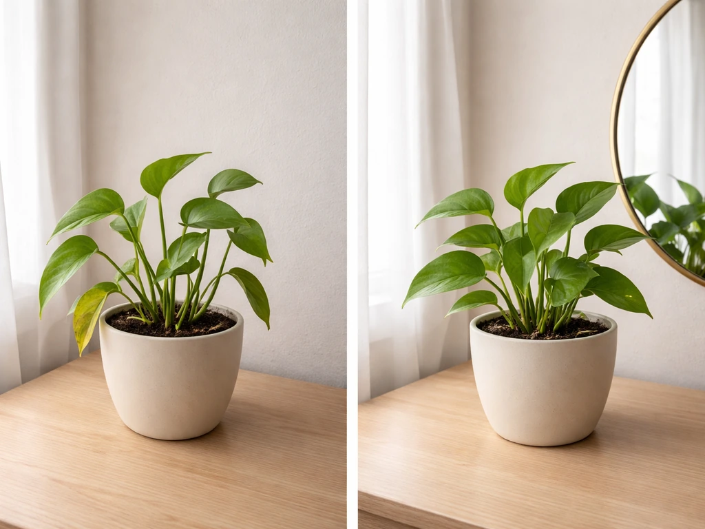 Split-screen indoor plant showing upright stems and less yellowing in the mirror-assisted frame.