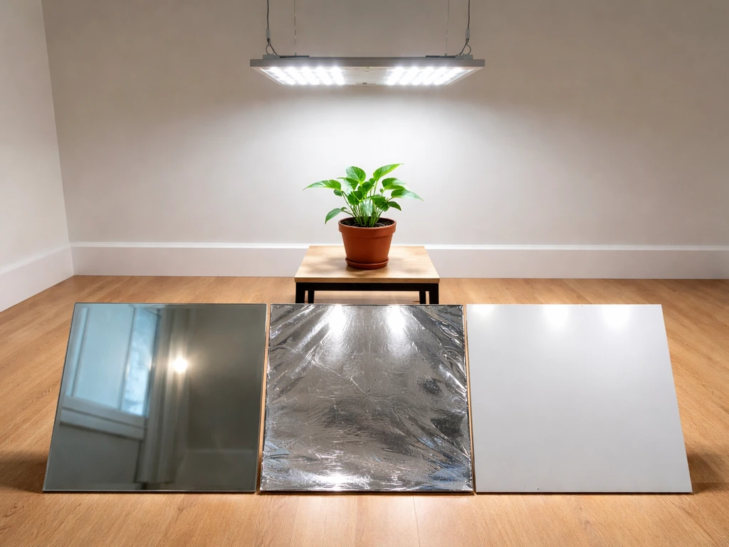Side-by-side reflective materials—glass mirror, white poly board, and mylar—set around indoor plant grow lights.