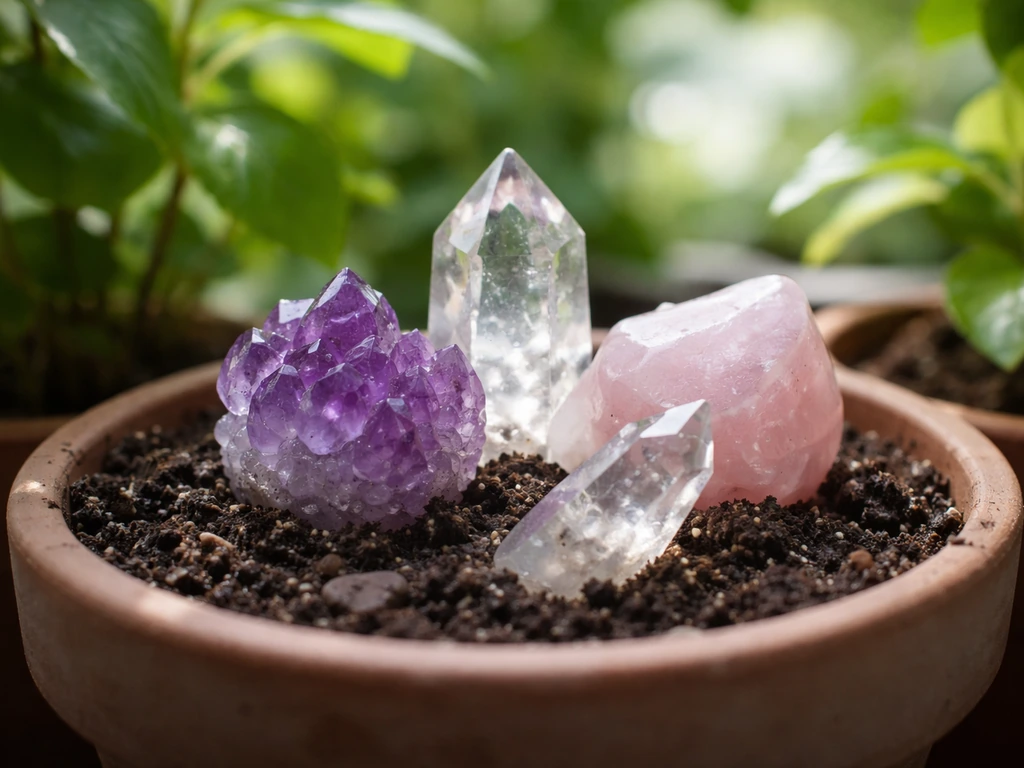 Clear quartz, amethyst, and rose quartz resting near small potted plants with soil and green leaves.