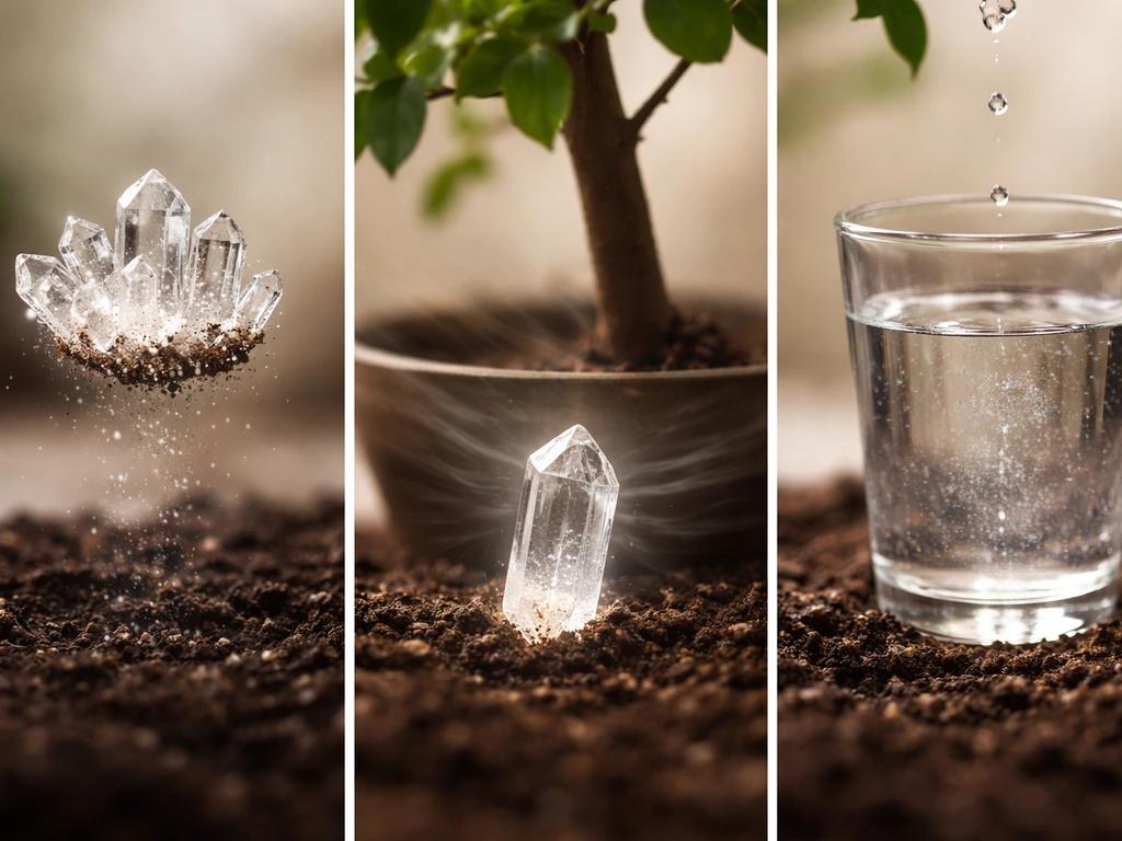 Three minimal scenes: crystal over soil, crystal by plant with soft energy ripples, crystal-in-water over soil.