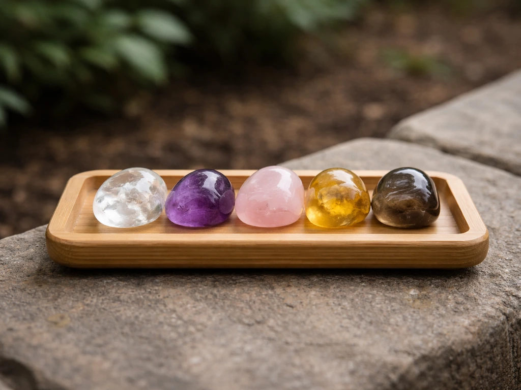 Wooden tray of polished quartz, amethyst, rose quartz, and citrine on a garden patio in natural light.