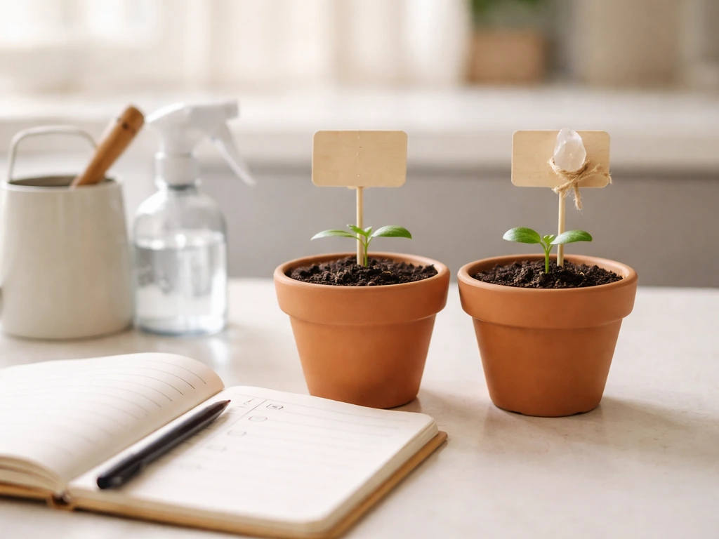 Two identical potted seedlings beside a simple handwritten watering and growth log on a kitchen table.