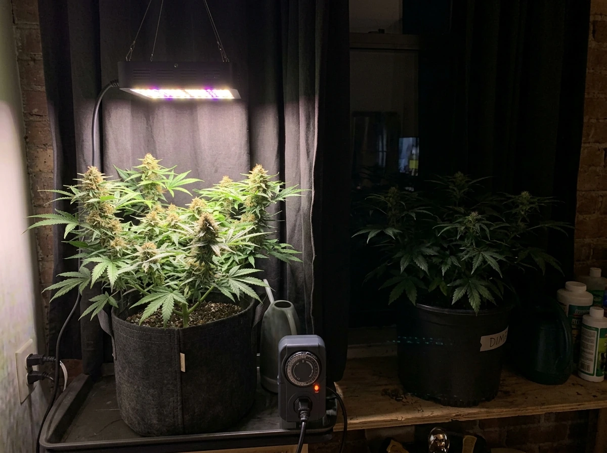 Flower photoperiod setup showing light and darkness timing for bloom triggering