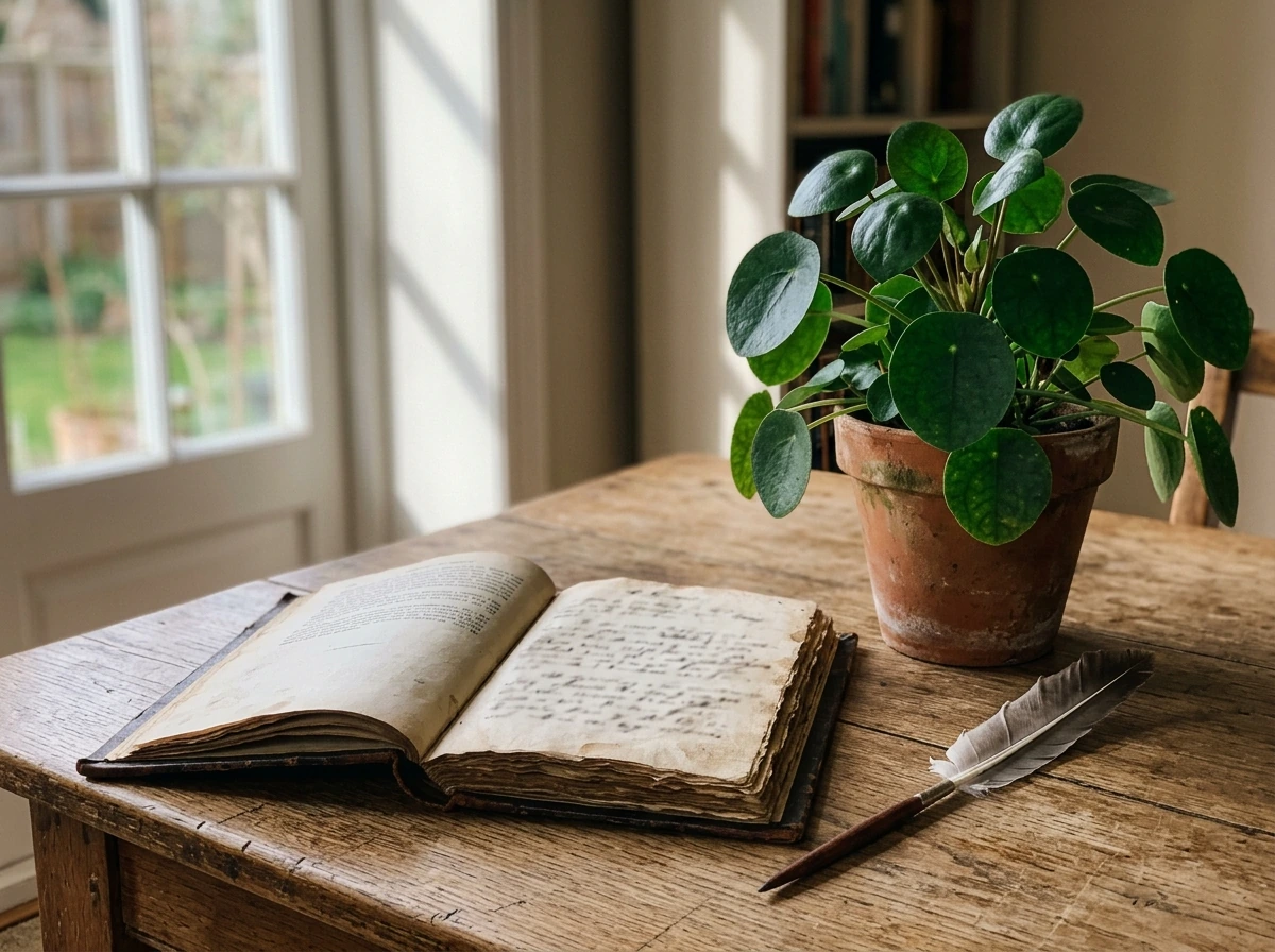 Person holding a vintage-looking book page or old German 19th-century style illustration near plants