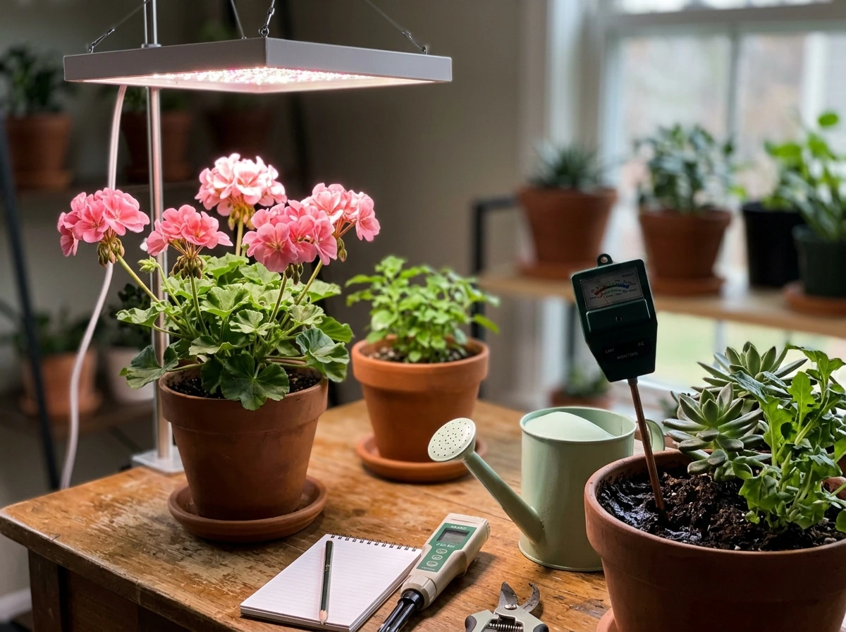 Science-backed bloom checklist moment with grow light, schedule, soil moisture probe, and healthy plant