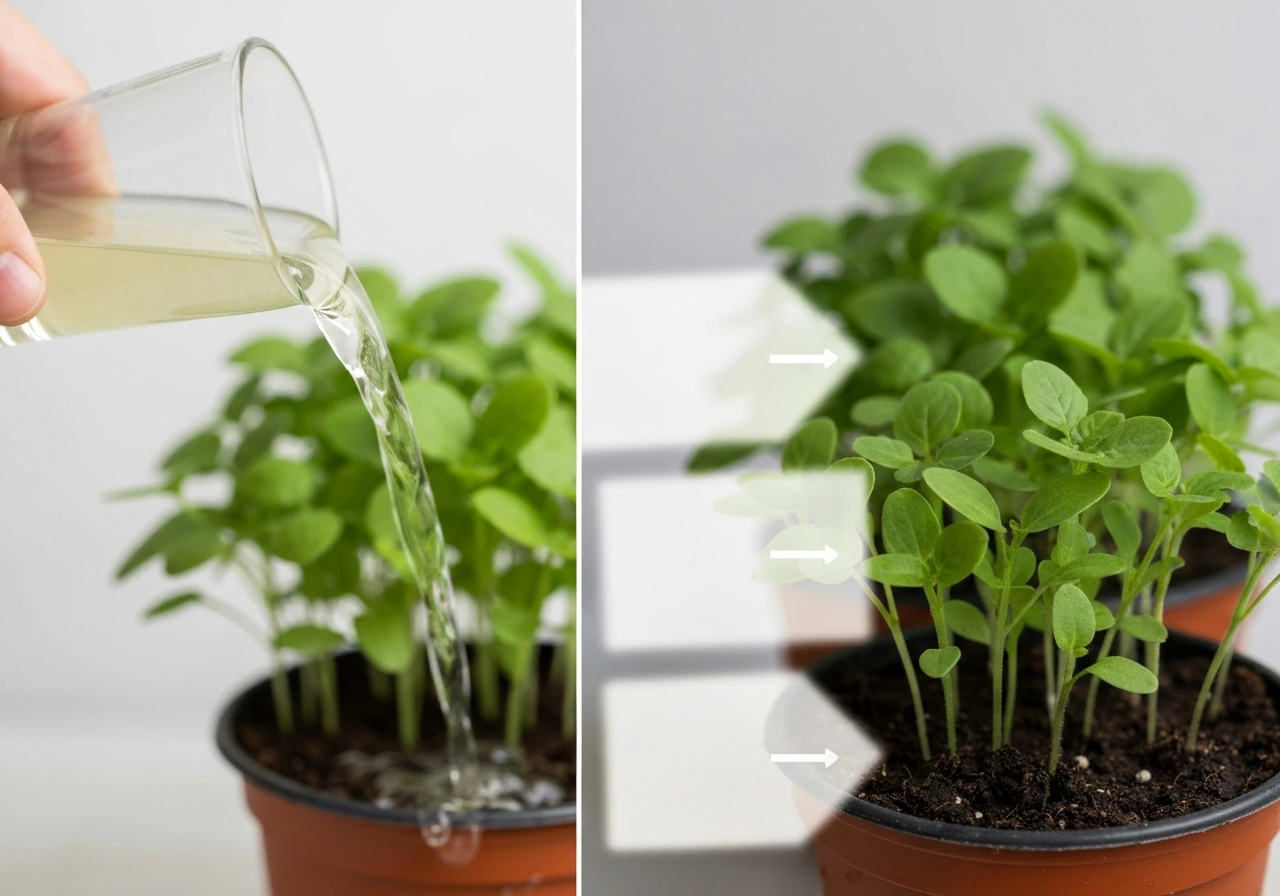 Potato water poured beside healthy potted seedlings in a minimal split-scene suggesting science insights.