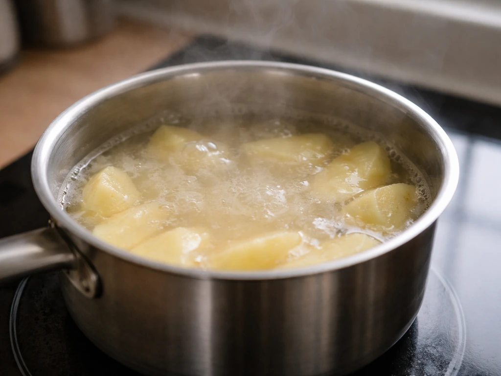 Close-up pot of boiling potato slices with cloudy starchy water surface