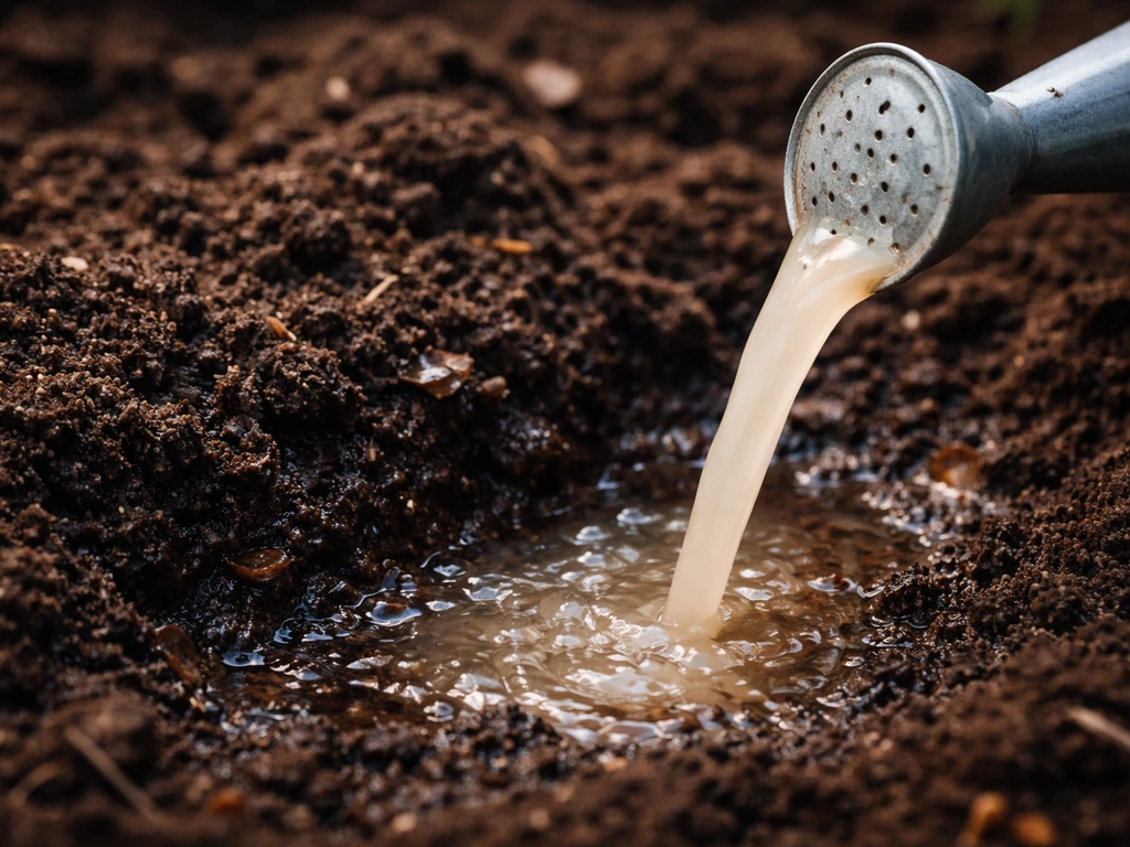 Compost-rich dark soil with a small watering can pouring cloudy potato water onto it