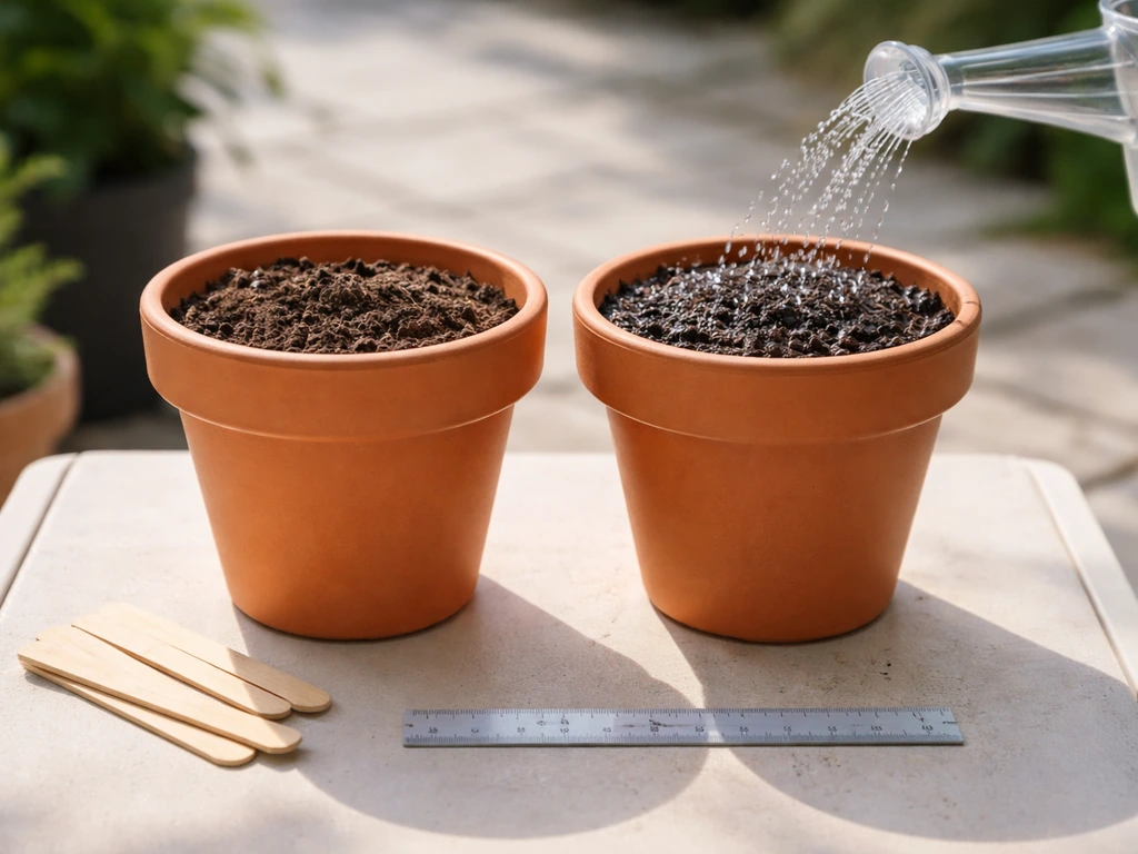 Two identical potted plants on a patio with watering cups and a ruler for tracking growth.