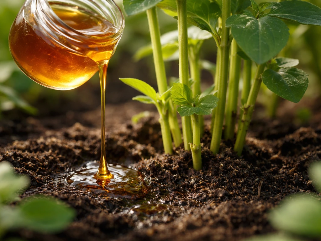 Honey drizzled beside healthy green plant stems in a sunny garden bed, natural growth-focused scene