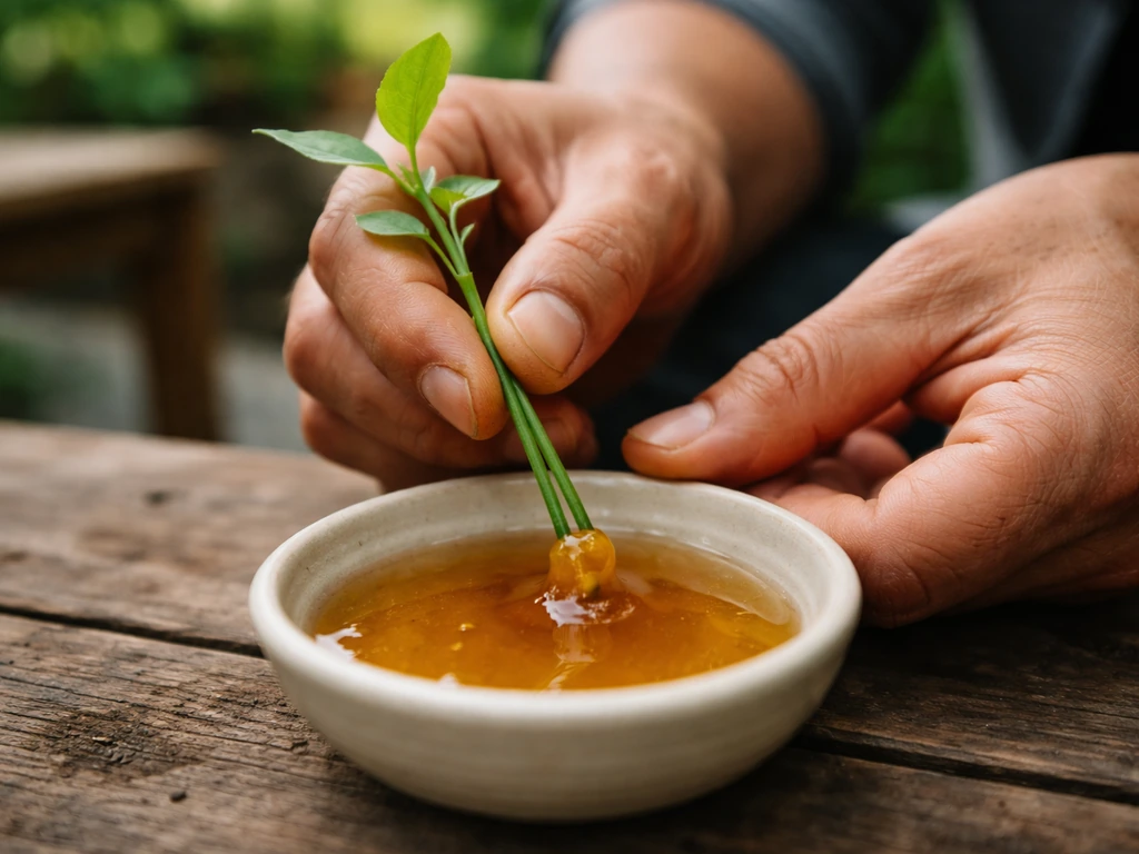 Gardener dipping a plant cutting’s stem into a small dish of honey on a garden bench.
