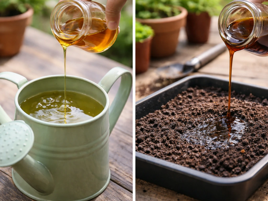 Split image: honey solution added to a watering can left, and honey solution poured onto moist soil tray right.