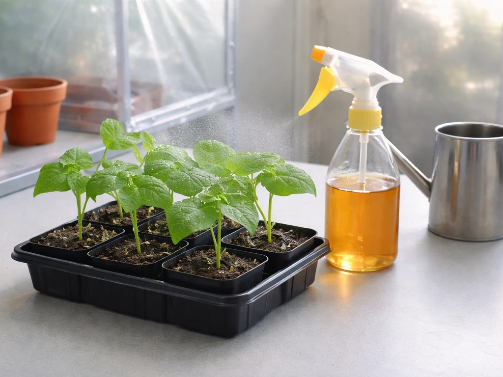 Small potted seedlings under nitrogen stress with a diluted honey spray bottle on a simple lab bench.