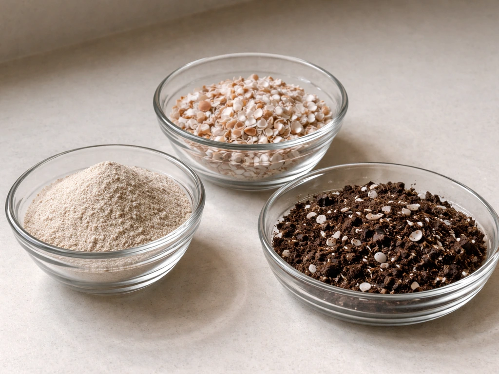 Dry ground eggshell powder, crushed shells, and a small compost mix arranged in containers on a counter.