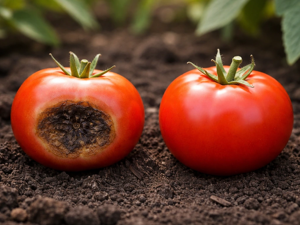 Split photo of tomato fruits: blossom-end rot on one with dark scar, healthy red tomato on the other.