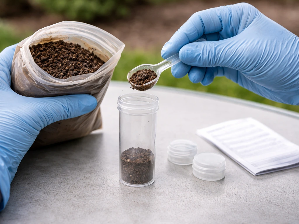 Hands scooping soil into a clear test kit from a soil sample bag on a patio table.