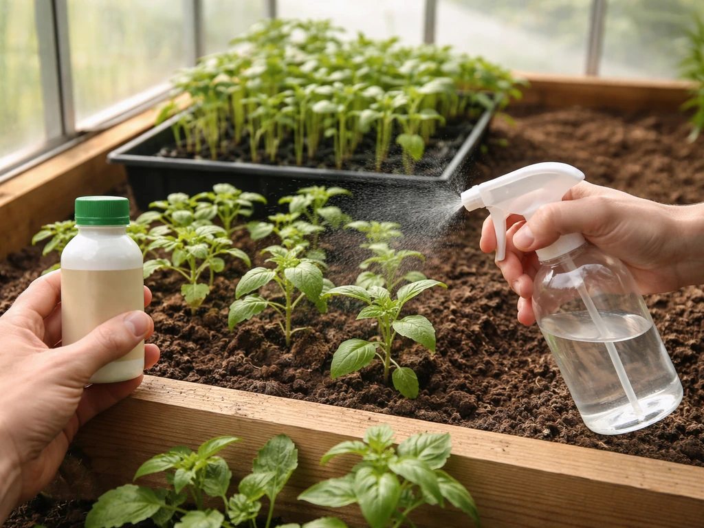 Gardener’s hand gently applying safe plant nutrients to a propagation tray with fresh green sprouts