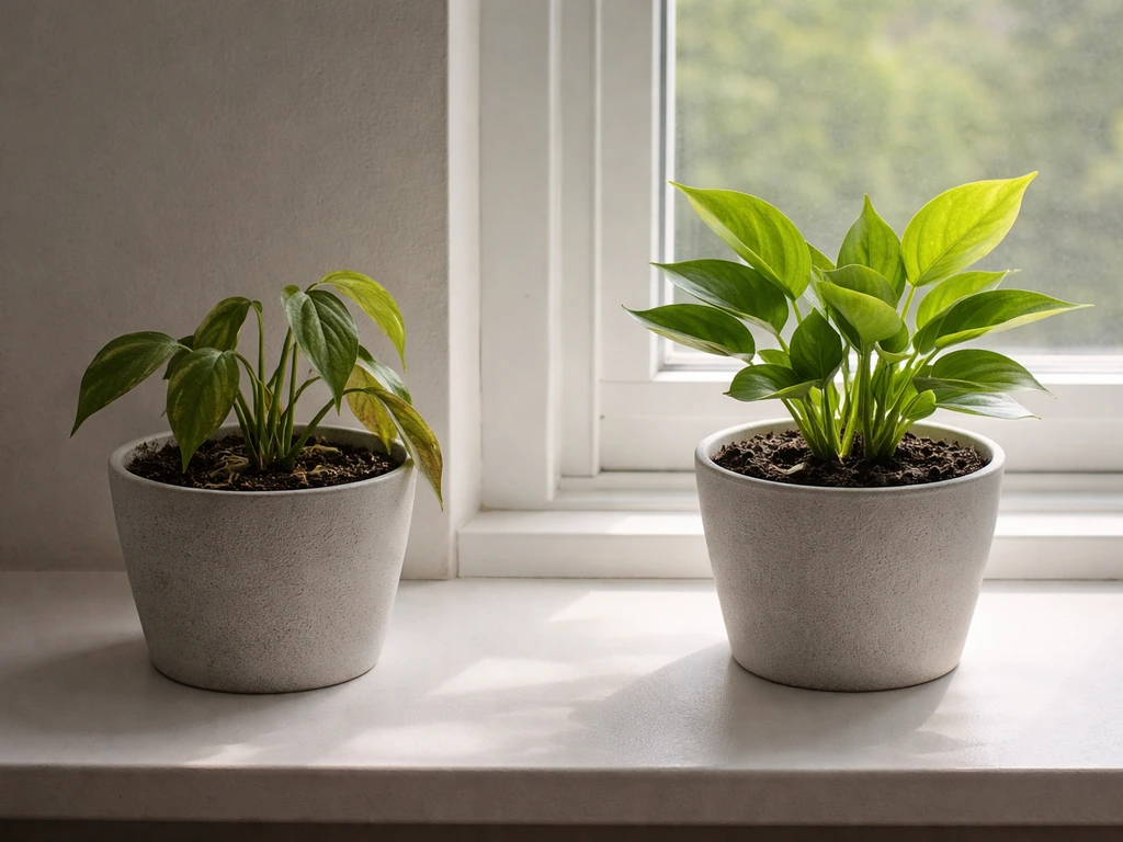 Two houseplants on a windowsill—left drooping in the dark and dry soil, right healthy in bright light.