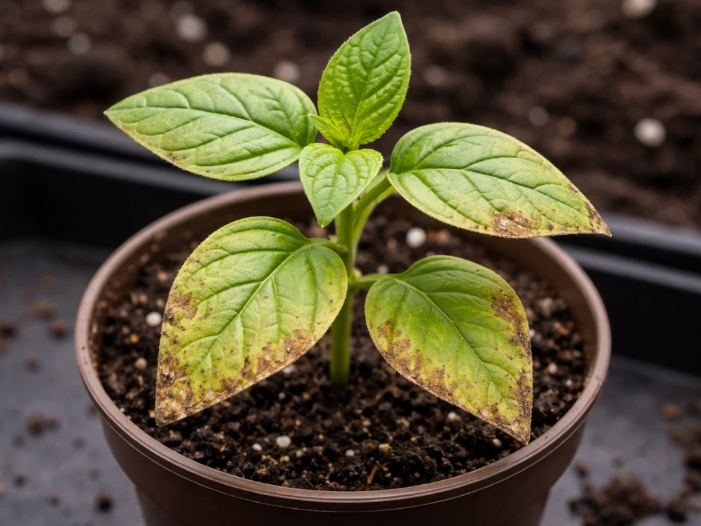 Close-up of a seedling showing pale chlorosis and slight leaf-edge browning on dark soil.