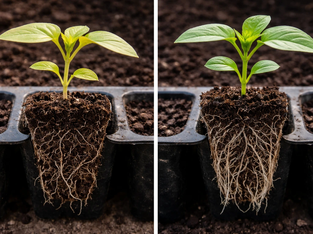 Two seedlings in rooting trays showing contrast: stressed pale left vs vigorous green roots right.