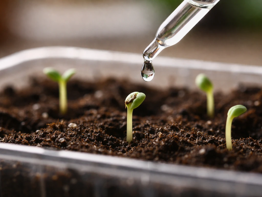 Close-up of germinating seeds on soil with a droplet being applied nearby for stem growth context
