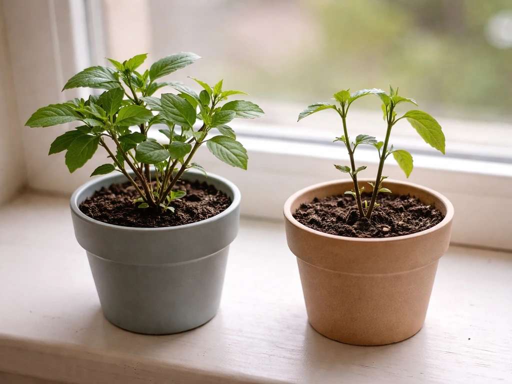 Two potted herb cuttings on a windowsill, one bushier with greener leaves than the other.
