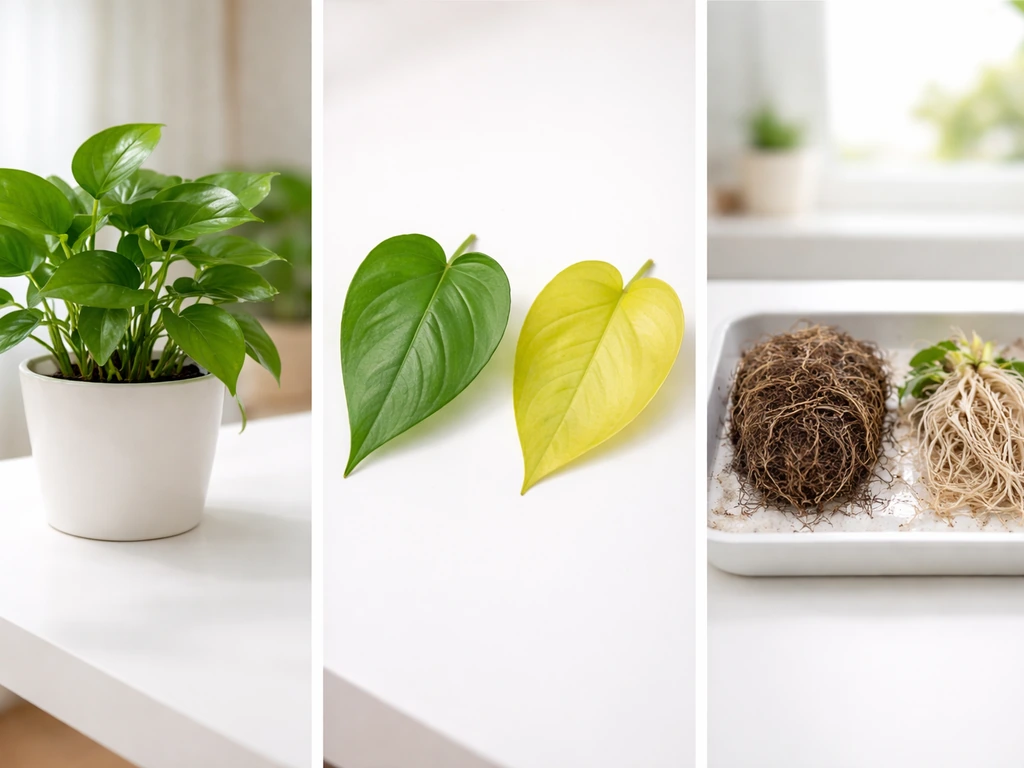 Minimal staged plant leaf comparison and an exposed root check showing rootbound vs healthy roots.