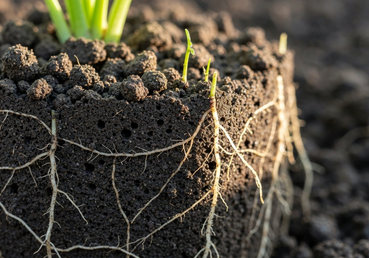 Healthy plant roots in loose, crumbly tilled soil with aeration and drainage suggested by soil texture.