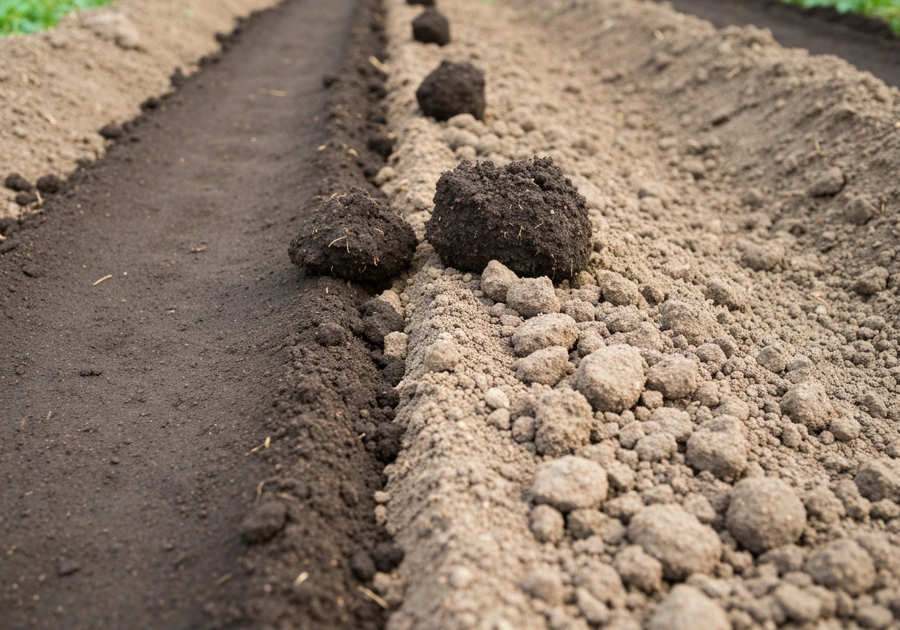 Close-up of tilled garden soil with broken clods beside a compacted strip, showing loosened crumb structure for roots.