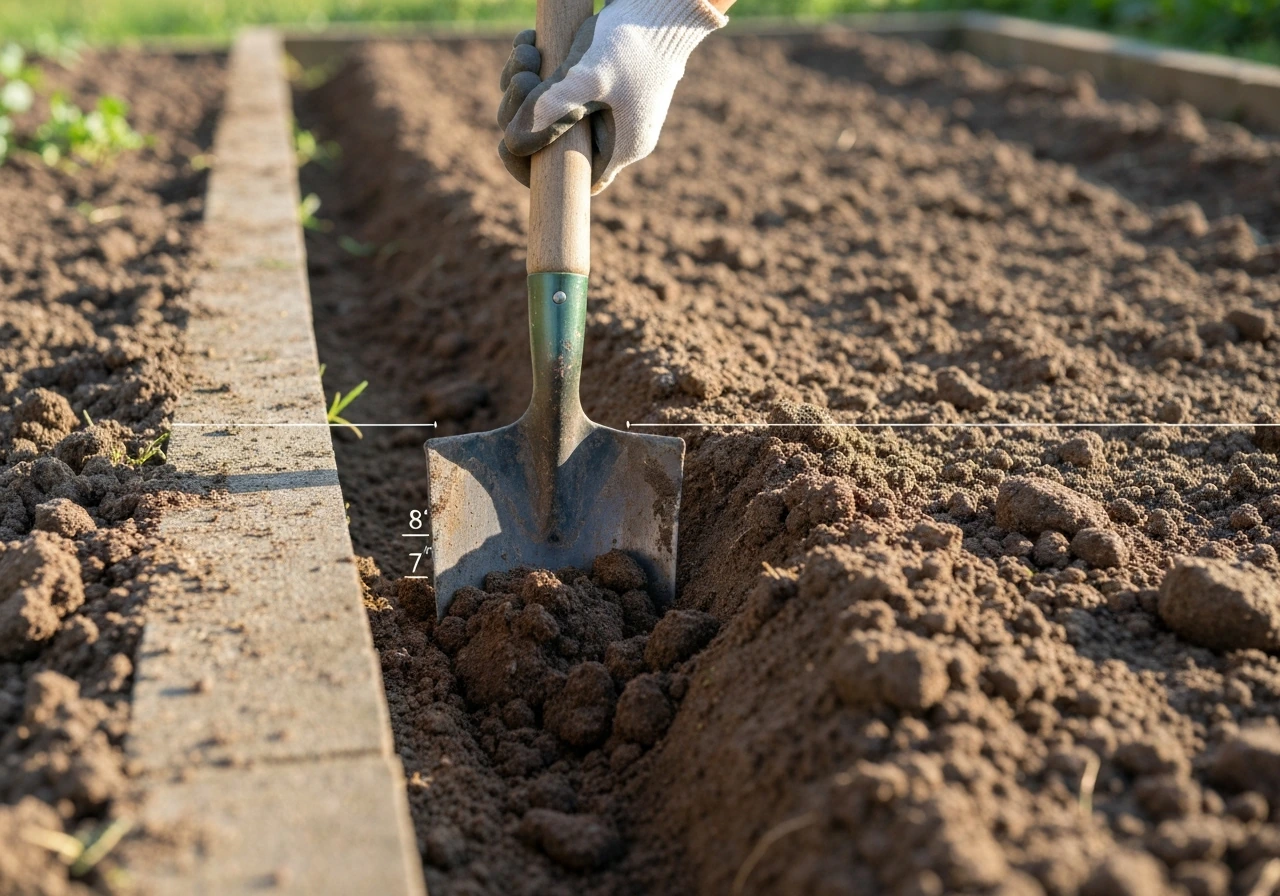 Garden soil showing crumbly moist texture with a spade set to about 7–8 inches