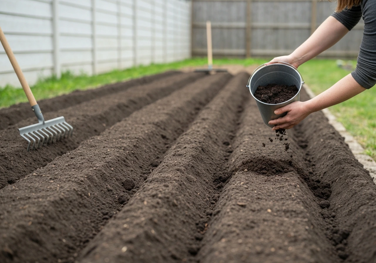 Hands sprinkle aged compost on freshly plowed soil and lightly rake to level a seedbed.