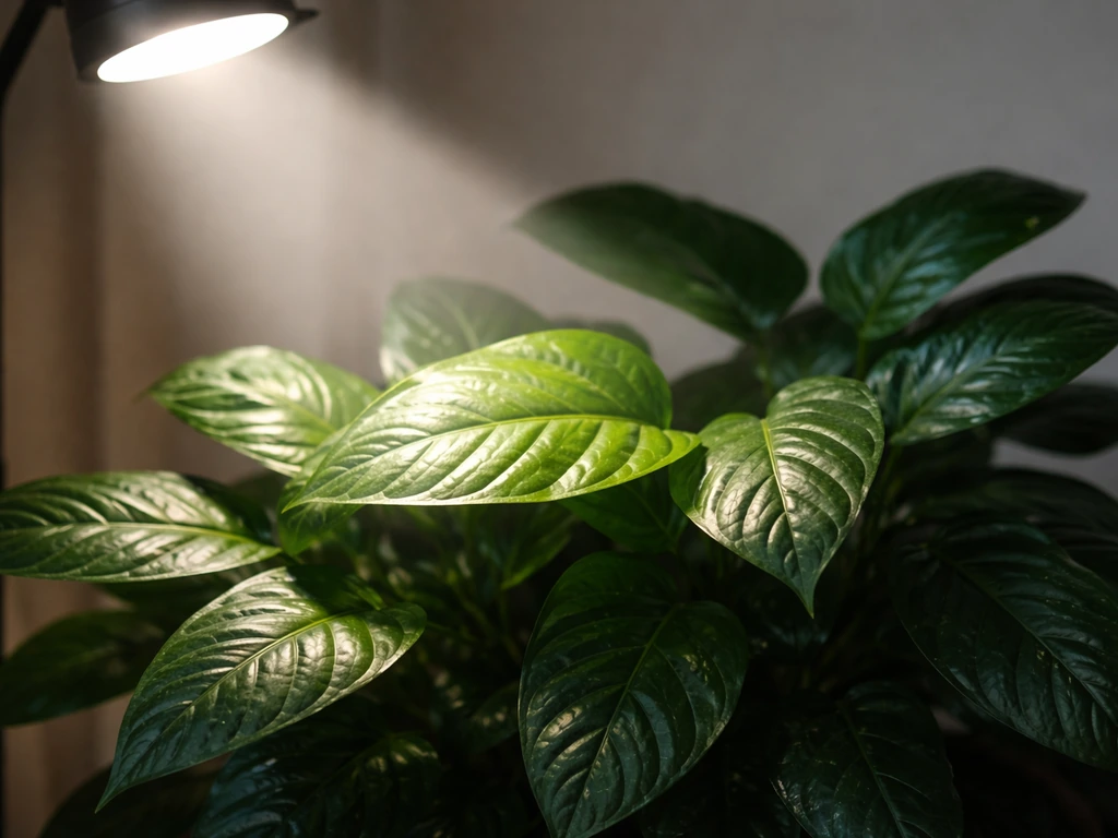 Close-up of healthy green plant leaves with soft light from a grow lamp hitting the canopy