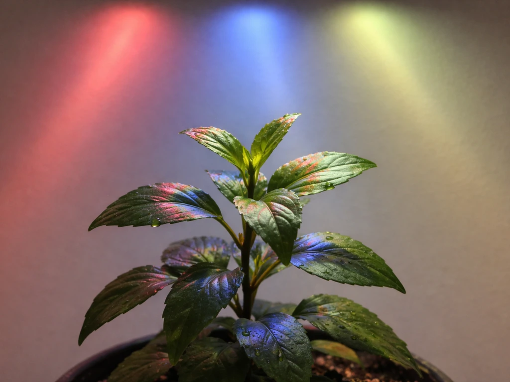 Indoor plant lit by separated red, blue, and green/yellow light beams highlighting leaf detail.